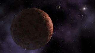 a red-hued planet is shaded into a crescent against a purple and black backdrop of space.